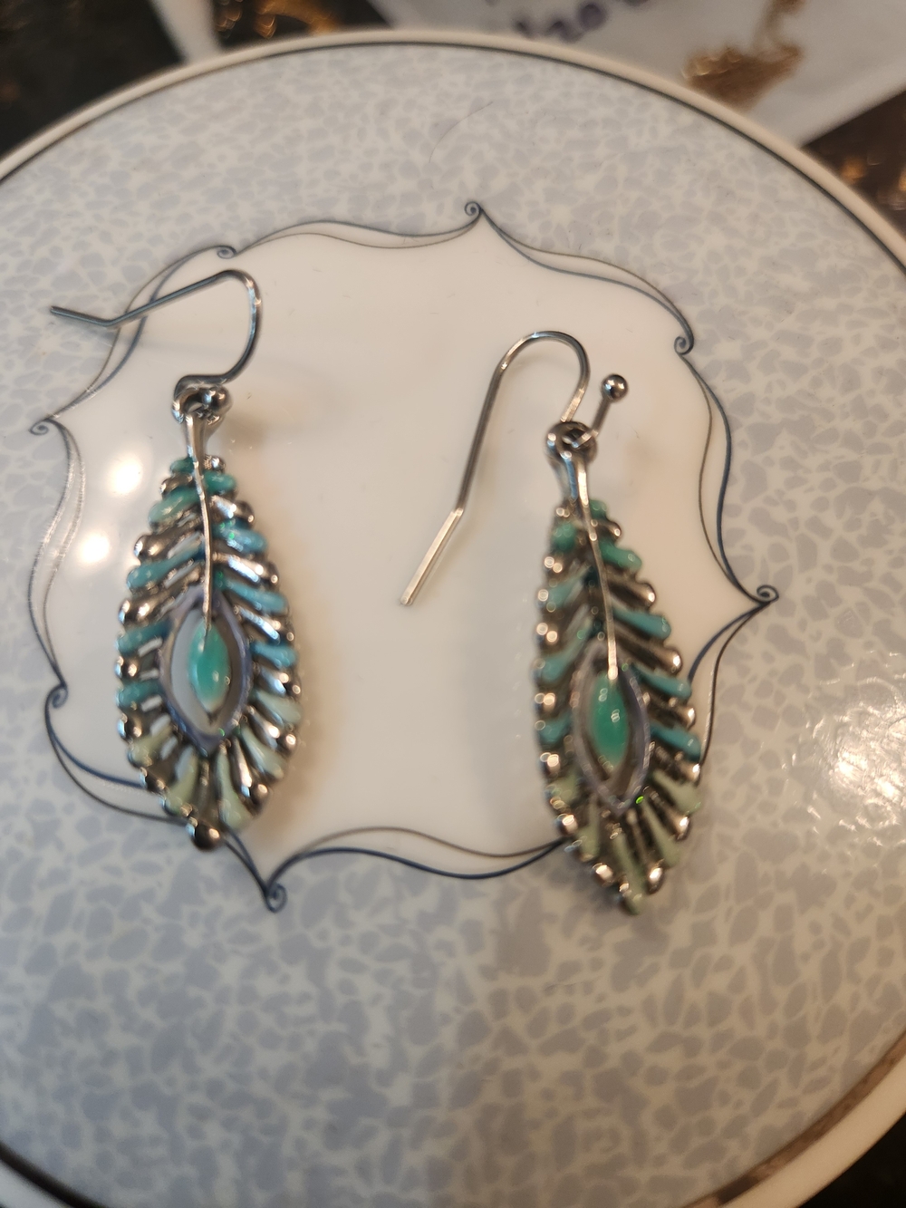Silver Teal Leaf Drop Earrings - Women Jewelry